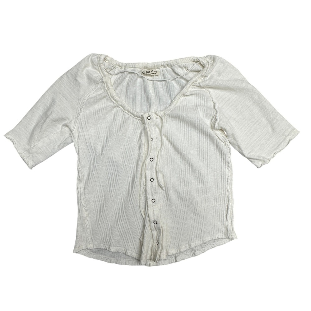 We The Free Blouse Womens Large White Ribbed Button Front Crop Top‎ Short Sleeve